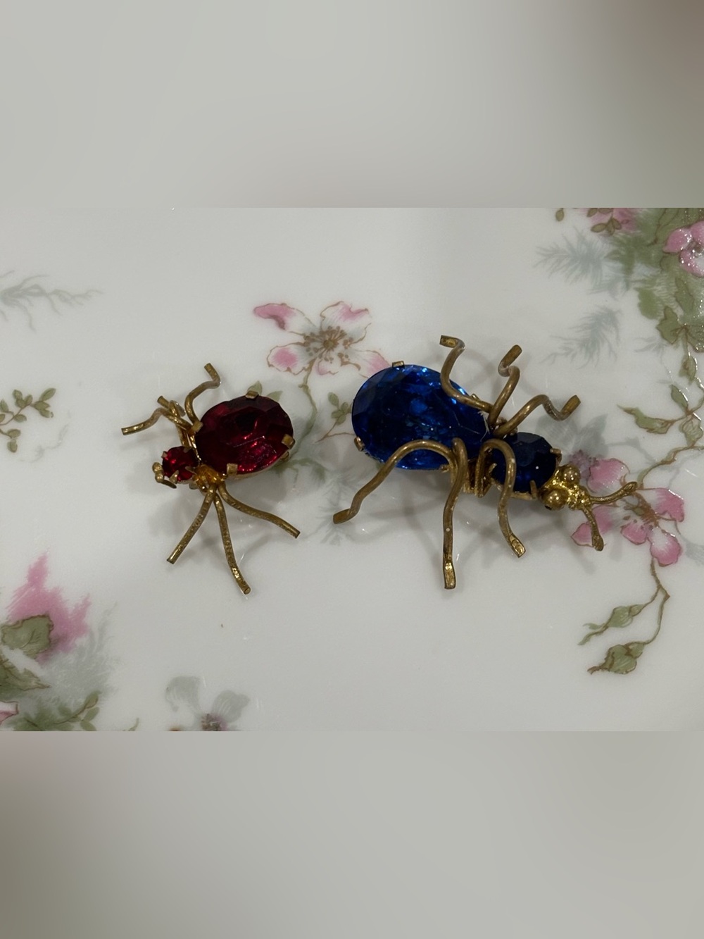 Vintage Czech Crystal Bug Brooches - Blue & Red